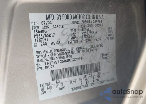 2004 Ford F-150 Lariat/Xlt z USA, uszkodzony, nr VIN 1FTPW12504KC37996